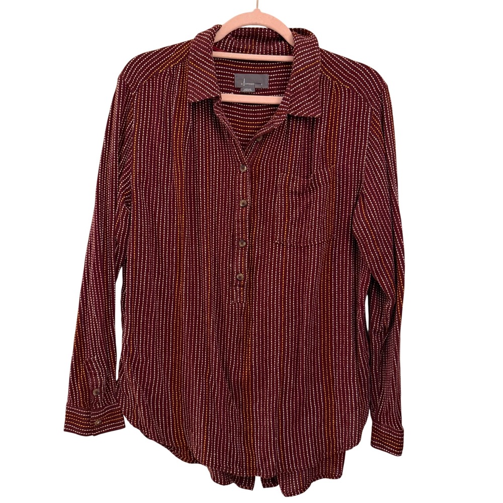 Anthropologie Button Back Shirt Womens Large Burgundy Striped Wool Blend